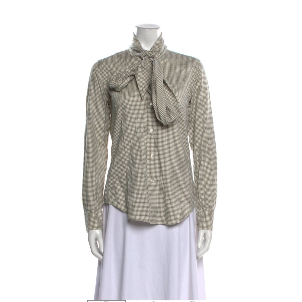 Ralph Lauren Plaid Print Mock Neck Button-Up Top Women's 12 Slim Fit 100% Cotton